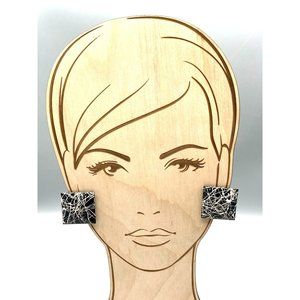 Retro Black and White Splatter Earrings, Vintage Artistic 80s Square Studs